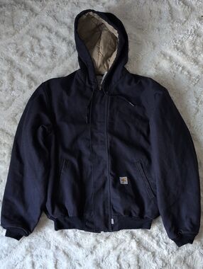 Carhartt Black Hooded Bomber Jacket with Tan Lining